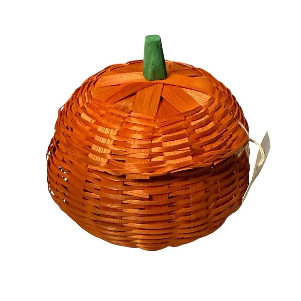 NOS Wicker Halloween Thanksgiving Orange Mini Pumpkin Woven Basket & Lid 3.5”